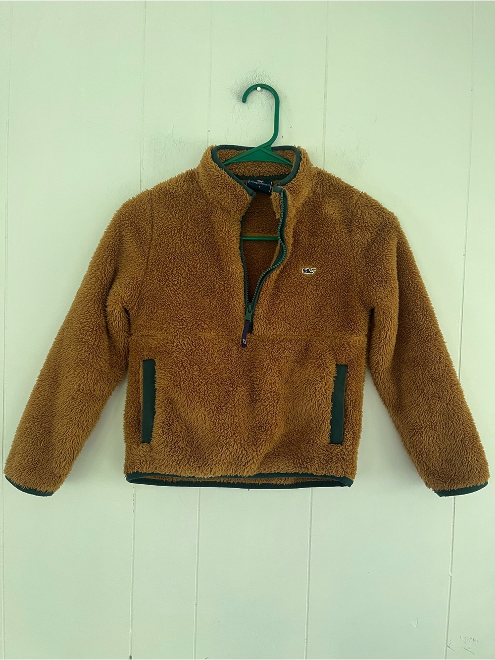 Vineyard Vines Kids Tan Carmel Sherpa Plush Jacket Green Trim Whale Size 7 - Picture 1 of 8